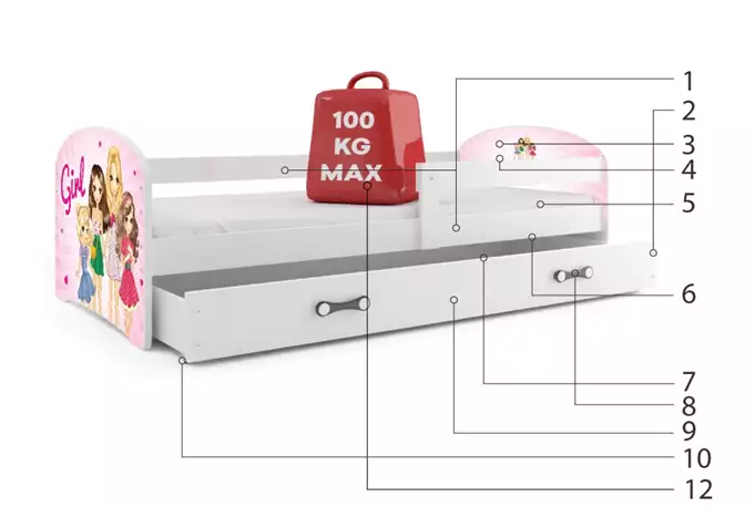 Vaikiška lova, pirmas aukštas, baltas rėmas, lipdukas, mergaitėms, baltas stalčius, be čiužinio, 80 x 160 cm, komplektas