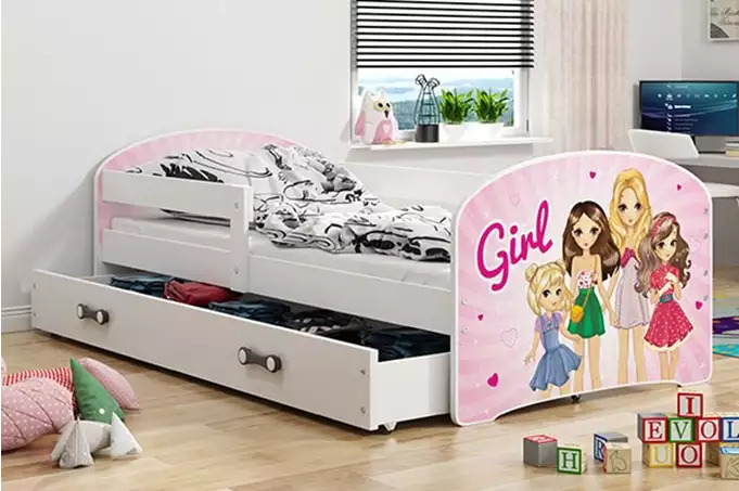 Vaikiška lova, pirmas aukštas, baltas rėmas, lipdukas, mergaitėms, baltas stalčius, be čiužinio, 80 x 160 cm, komplektas - Paveikslėlis 2