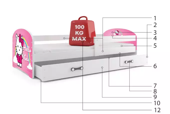 VAIKIŠKA LOVA, PIRMAS AUKŠTAS SU TARPIAI, BALTAS RĖMAS, LIPDUKAS „HELLO KIDS“, BALTAS STALČIUS, 80 X 160 KOMPLEKTAS