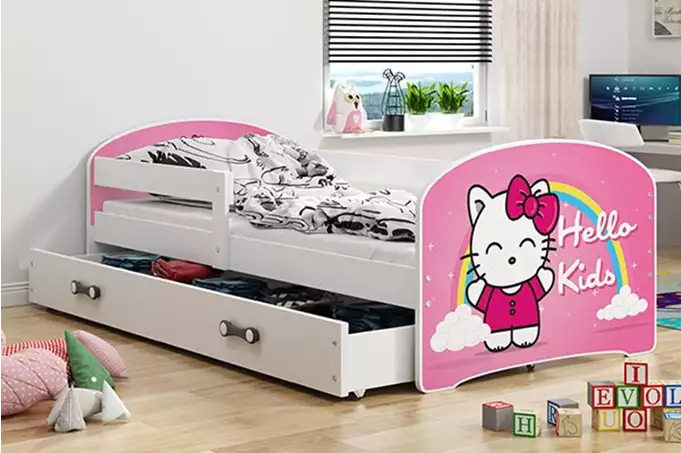 VAIKIŠKA LOVA, PIRMAS AUKŠTAS SU TARPU, BALTU RĖMU, LIPDUKU „HELLO KIDS“, BALTU STALČIU, BE ČIUŽINIŲ, 80 X 160 KOMPLEKTAS - Paveikslėlis 2