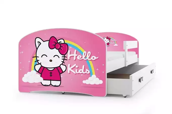 VAIKIŠKA LOVA, PIRMAS AUKŠTAS SU TARPU, BALTU RĖMU, LIPDUKU „HELLO KIDS“, BALTU STALČIU, BE ČIUŽINIŲ, 80 X 160 KOMPLEKTAS - Paveikslėlis 5