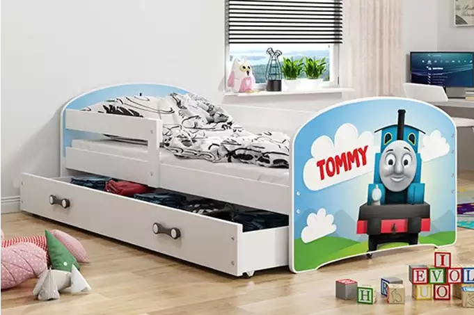 VAIKIŠKA LOVA, PIRMAS AUKŠTAS, BALTAS RĖMAS, LIPDUKAS „TOMMY“, BALTAS STALČIUS, 80 X 160 KOMPLEKTAS - Paveikslėlis 2