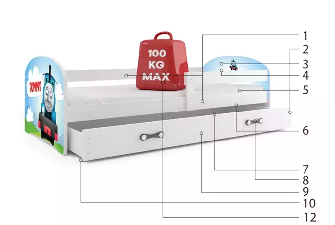 VAIKIŠKA LOVA, PIRMAS AUKŠTAS, BALTAS RĖMAS, LIPDUKAI „TOMMY“, BALTAS STALČIUS, BE ČIUŽINIŲ, 80 X 160 KOMPLEKTAS