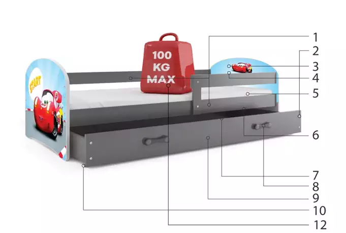 VAIKIŠKA LOVA, PIRMO AUKŠTO TARPAI, GRAFITO RĖMAS, AUTOMOBILIO LIPDUKAS, GRAFITO STALČIUS, 80 X 160 KOMPLEKTAS