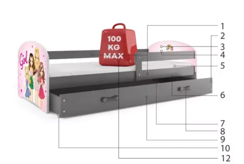 Vaikiška lova, pirmame aukšte su liukais, grafitinis rėmas, lipdukas mergaitėms, grafitinis stalčius, 80 x 160 cm, komplektas