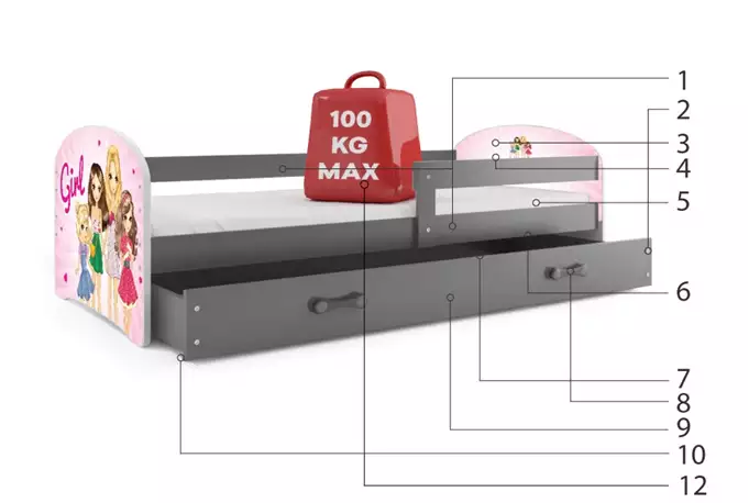 Vaikiška lova, pirmame aukšte su liukais, grafitinis rėmas, lipdukas mergaitėms, grafitinis stalčius, be čiužinių, 80 x 160 komplektas