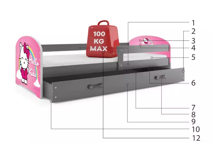 VAIKIŠKA LOVA, PIRMO AUKŠTO TARPIAI, GRAFITO RĖMAS, LIPDUKAS „HELLO KIDS“, GRAFITO STALČIUS, 80 X 160 RINKINYS