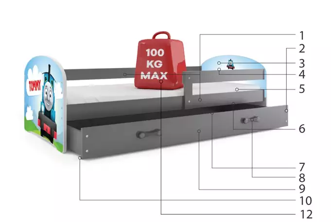 VAIKIŠKA LOVA, PIRMAS AUKŠTAS SU TARPELIAIS, GRAFITO RĖMAS, LIPDUKAS „TOMMY“, GRAFITO STALČIUS, 80 X 160 KOMPLEKTAS