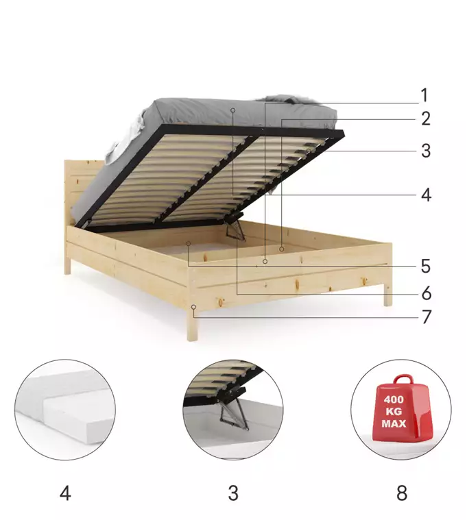 Medinė lova 160x200 - Kontinentinė pušis su pakėlimo rėmu — изображение 4