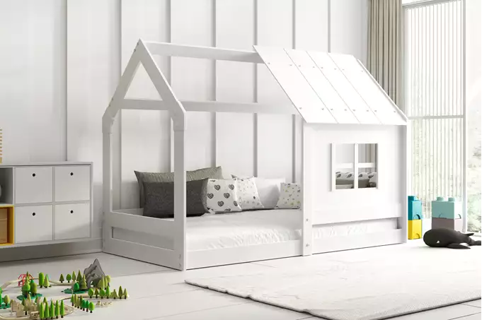 Vaikiška namelio formos lova su baldakimu, balta, 80x160, su čiužiniu