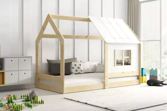 Vaikiška namelio formos lova su stogeliu, natūralios medienos, 80x160, su čiužiniu