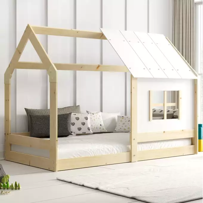 Vaikų namelio lova su stogeliu iš natūralios medienos 80x160