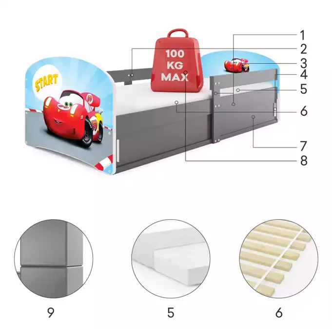 LUKI 1 viengulė vaikiška lova 80x160 su čiužiniu ir daiktadėže, Automobiliui, grafito spalvos — изображение 5