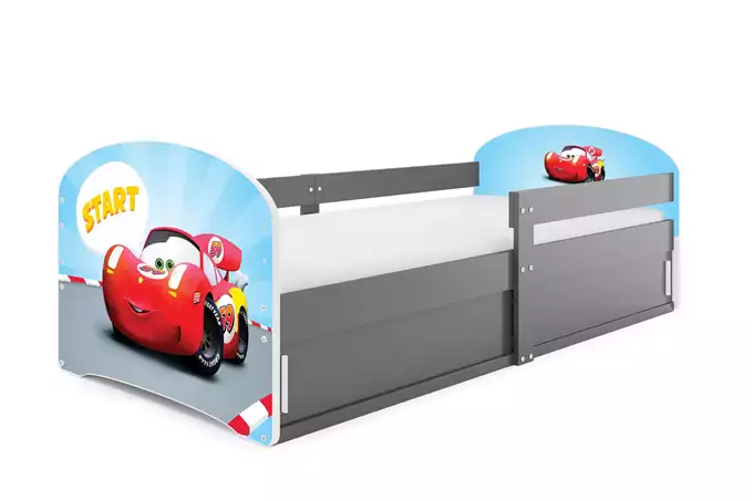 LUKI 1 viengulė vaikiška lova 80x160 su čiužiniu ir daiktadėže, Automobiliui, grafito spalvos — изображение 2