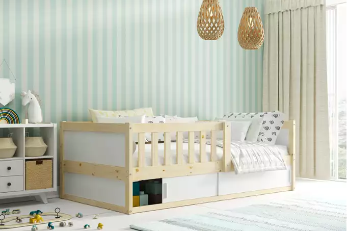 SMART 2 viengulė vaikiška lova 80x160 su daiktadėže, natūrali mediena