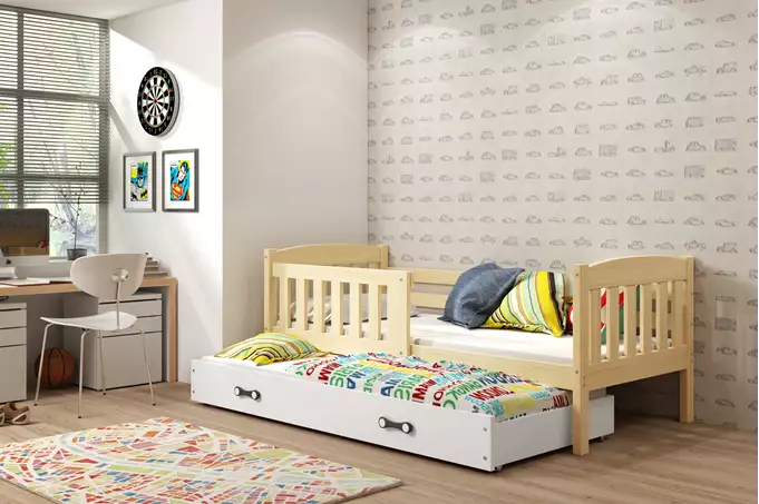 KUBUŚ vaikiška išskleidžiama lova 80x160 su čiužiniu ir stalčiumi, pušis/balta