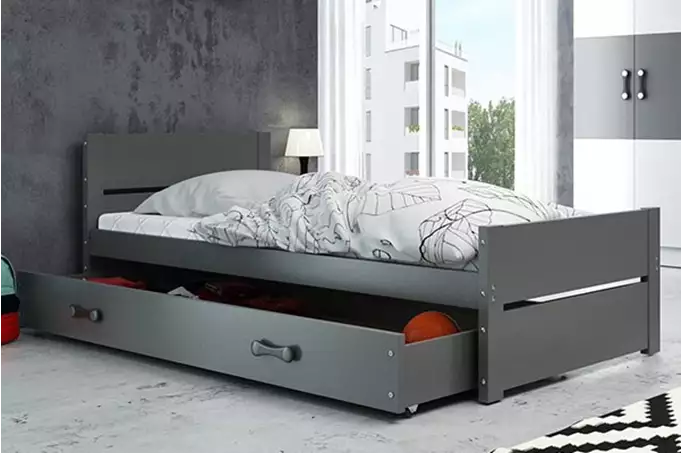 BARTEK viengulė jaunimo lova 90x200 su čiužiniu ir stalčiumi, grafito spalvos