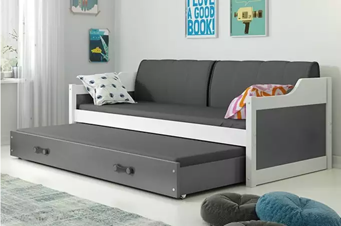 DAWID 90X200 jaunimo išskleidžiama lova su čiužiniu ir stalčiumi, balta/grafito spalvos
