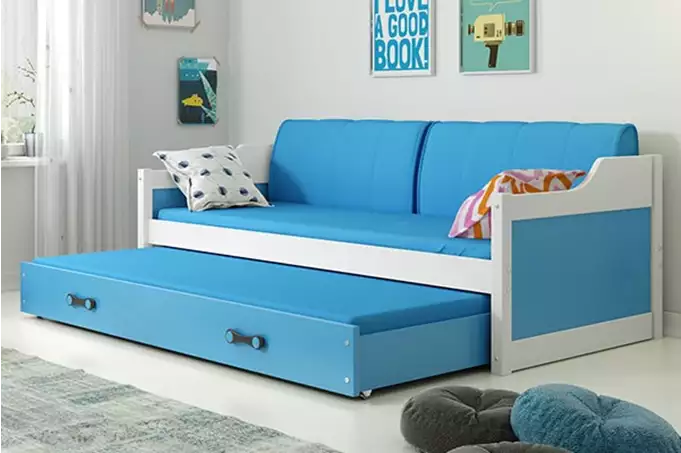 DAWID 90X200 jaunimo išskleidžiama lova su čiužiniu ir stalčiumi, balta/mėlyna