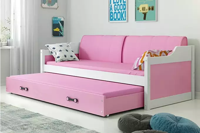 DAWID 90X200 jaunimo išskleidžiama lova su čiužiniu ir stalčiumi, balta/rožinė