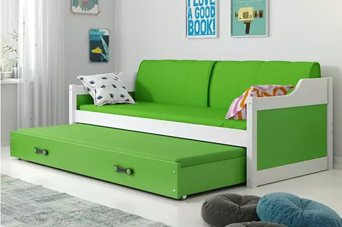 DAWID 90X200 jaunimo išskleidžiama lova su čiužiniu ir stalčiumi, balta/žalia