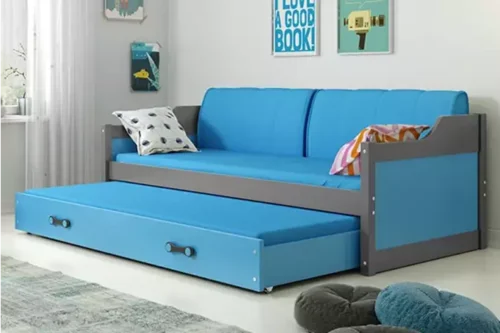 DAWID 90X200 jaunimo išskleidžiama lova su čiužiniu ir stalčiumi, grafito/mėlyna