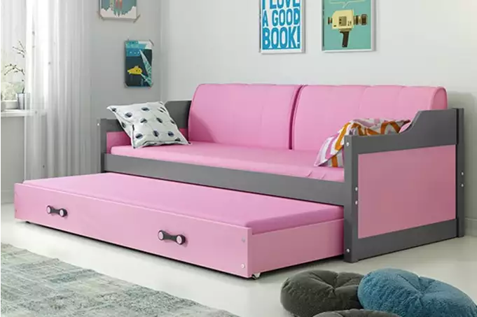 DAWID 90X200 jaunimo išskleidžiama lova su čiužiniu ir stalčiumi, grafito/rožinė