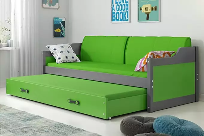 DAWID 90X200 jaunimo išskleidžiama lova su čiužiniu ir stalčiumi, grafito/žalia