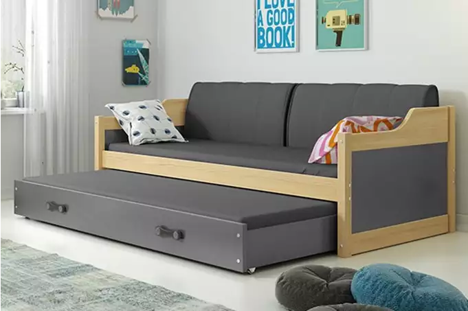 DAWID 90X200 jaunimo išskleidžiama lova su čiužiniu ir stalčiumi, pušis/grafitas