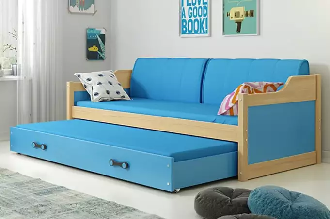DAWID 90X200 jaunimo išskleidžiama lova su čiužiniu ir stalčiumi, pušis/mėlyna
