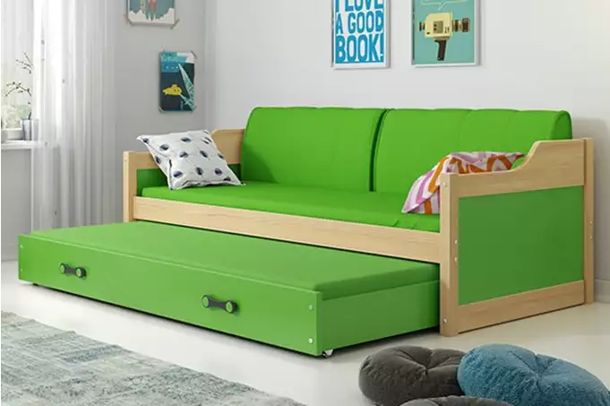 DAWID 90X200 jaunimo išskleidžiama lova su čiužiniu ir stalčiumi, pušis/žalia