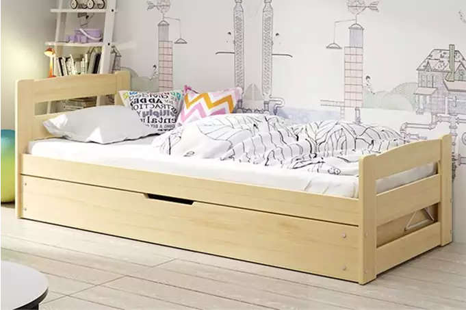 ERNI 90X200 viengulė jaunimo lova su čiužiniu ir daiktadėže, pušis