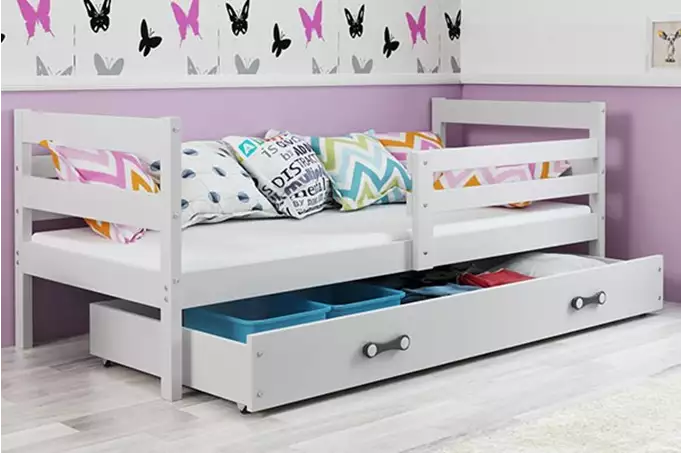 ERYK viengulė jaunimo lova 80x190 su čiužiniu ir stalčiumi, balta