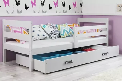 ERYK 90×200 viengulė jaunimo lova su čiužiniu ir stalčiumi, balta