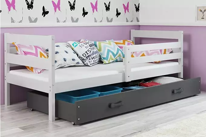 ERYK 80X190 viengulė jaunimo lova su stalčiumi, balta/grafito spalvos