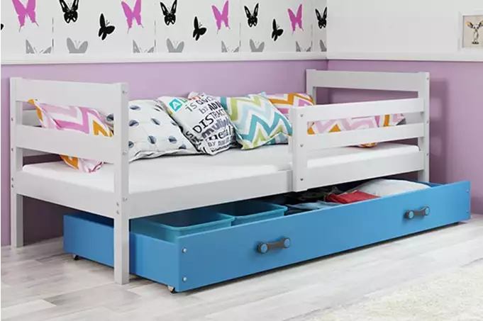 ERYK viengulė jaunimo lova 80x190 su čiužiniu ir stalčiumi, balta/mėlyna