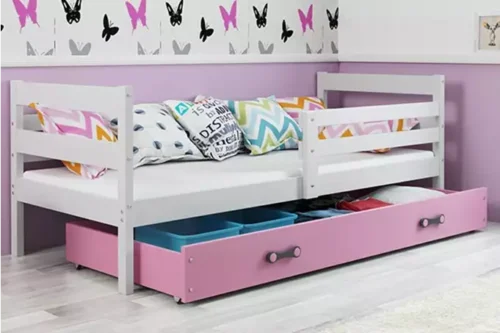 ERYK viengulė jaunimo lova 90×200 su stalčiumi, balta/rožinė