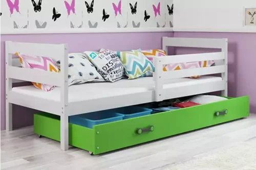 ERYK 90X200 jaunimo viengulė lova su čiužiniu ir stalčiumi, balta/žalia