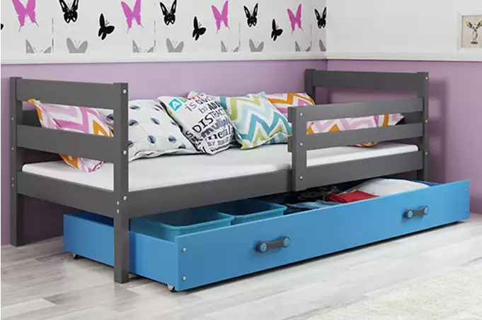 ERYK 80X190 viengulė jaunimo lova su čiužiniu ir stalčiumi, grafito/mėlyna