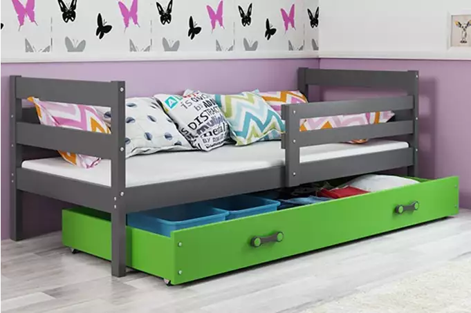 ERYK 80X190 viengulė jaunimo lova su čiužiniu ir stalčiumi, grafito spalvos/žalia