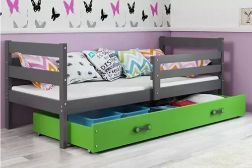 ERYK 90X200 viengulė jaunimo lova su čiužiniu ir stalčiumi, grafito spalvos/žalia