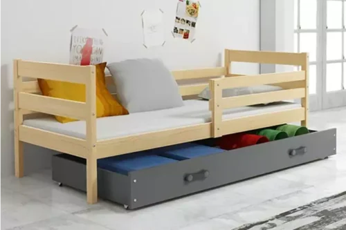 ERYK 90X200 viengulė jaunimo lova su čiužiniu ir stalčiumi, pušis/grafitas