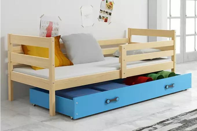 ERYK 90x200 viengulė jaunimo lova su čiužiniu ir stalčiumi, pušis/mėlyna