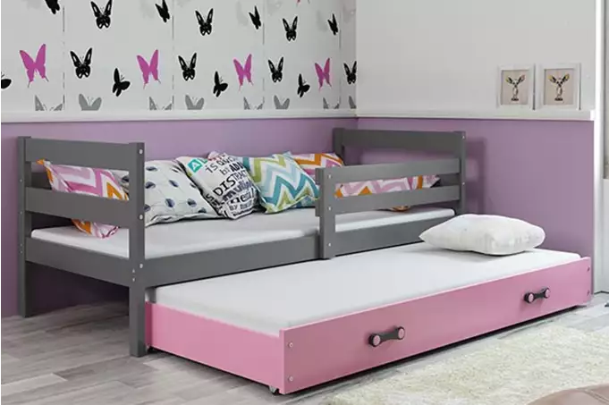 ERYK 90X200 jaunimo išskleidžiama lova su čiužiniu ir stalčiumi, grafito/rožinė