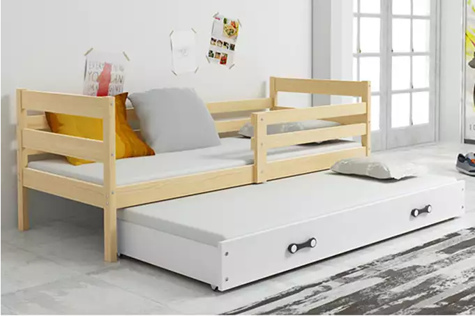 ERYK 90x200 jaunimo išskleidžiama lova su čiužiniu ir stalčiumi, pušis/balta