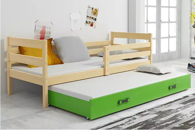 ERYK 90x200 jaunimo išskleidžiama lova su stalčiumi, pušis/žalia