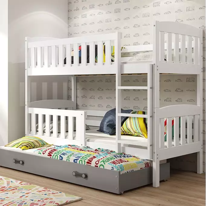 KUBUŚ 90X200 trijų asmenų jaunimo lova su čiužiniu ir stalčiumi, balta/grafito spalvos