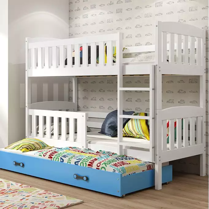 KUBUŚ 3 asmenų jaunimo lova 90x200 su stalčiumi, balta/mėlyna