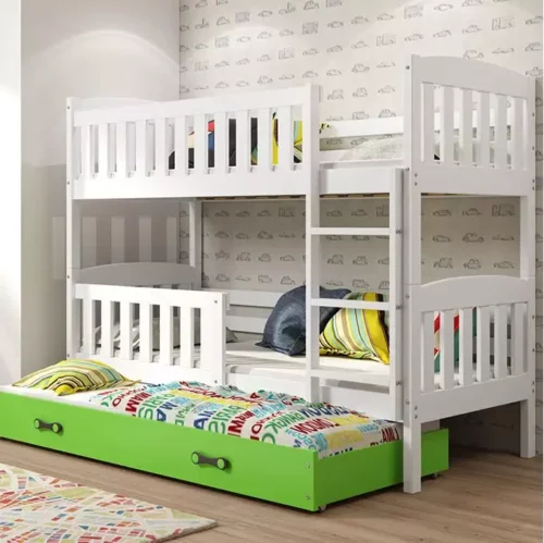 KUBUŚ trijų asmenų jaunimo lova 90X190 su stalčiumi, balta/žalia