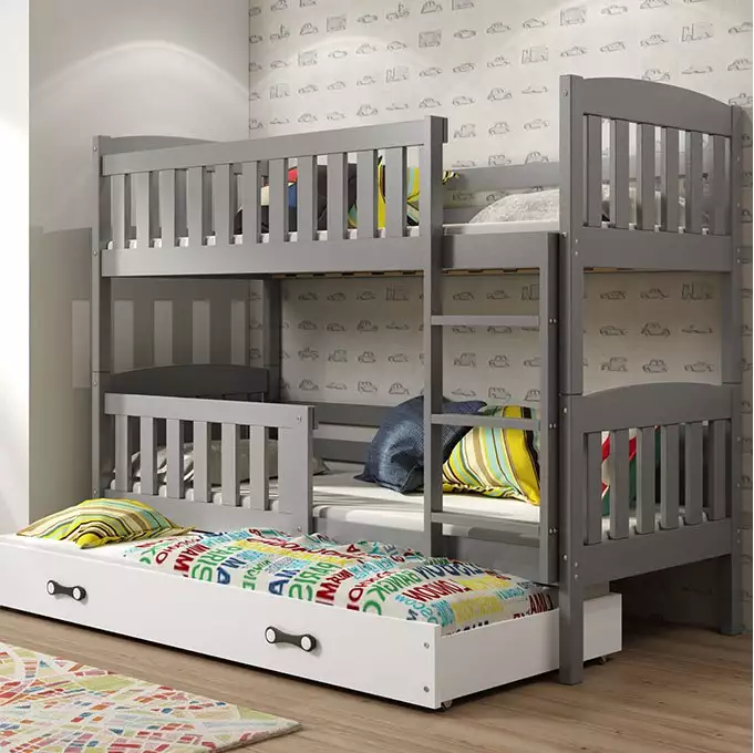 KUBUŚ 90X200 trijų asmenų jaunimo lova su čiužiniu ir stalčiumi, grafito spalvos/balta